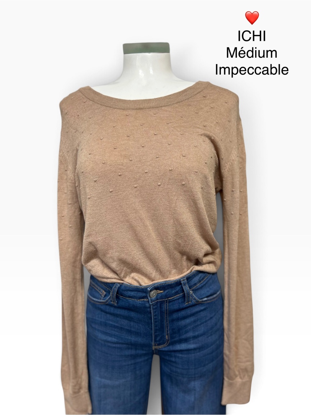 ICHI Women's Tan Crewneck Textured Dot-Detail Sweater